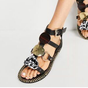 River Island Tide Flat Sandal Black and Gold Embellished Sz8